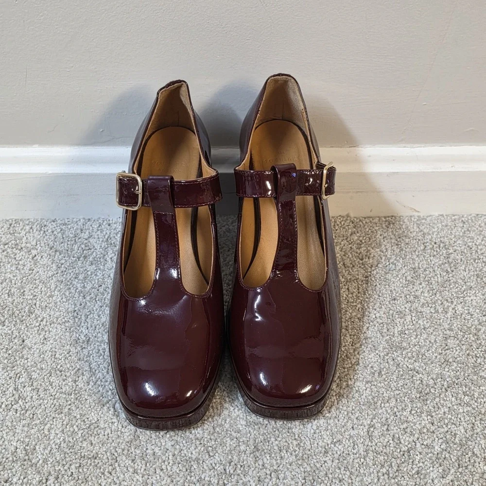 Sezane Monique Mary Jane Heels Burgundy Patent Leather Platform Pumps EU 39